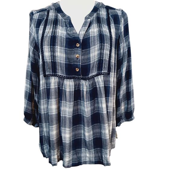 WRANGLER Boho Peasant Top Blouse Flowy Small Plaid Yoke Crochet Blue Casual - Picture 1 of 8